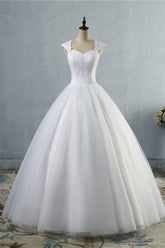 Affordable Sweetheart Tulle Lace Wedding Dresses Cap-Sleeves Appliques Bridal Gowns Online