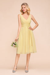 Affordable V-Neck Daffodil Chiffon Short Bridesmaid Dress with Ruffle