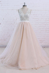 AffordableBlush Pink Tulle Wedding Dress Ivory Lace V-Neck Vintage Bridal Gowns On Sale