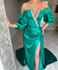 Amazing Long Green A-line Off-the-shoulder Prom Dress with Striking Slit