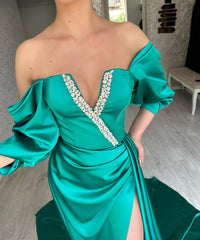 Amazing Long Green A-line Off-the-shoulder Prom Dress with Striking Slit