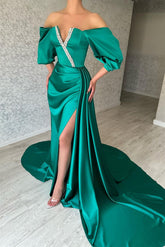 Amazing Long Green A-line Off-the-shoulder Prom Dress with Striking Slit