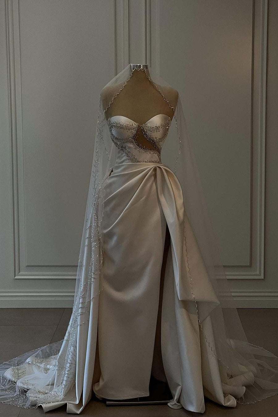 Breathtaking Long White Beaded Sleeveless Satin Wedding Dress Featuring Slit