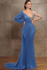 Newinlook Gorgeous V-Neck Mermaid Evening Dress Long Sleeves With Sequins Beads