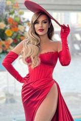 Newinlook Luxury Red Strapless Slit Long Evening Dress With Chic Gloves