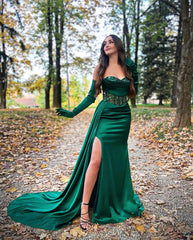 Newinlook Dark Green Elegant Sweetheart Split Sequins Evening Dress With Gloves