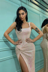 Newinlook Mermaid Elegant Shoulder Straps Sequins Evening Dress With Split