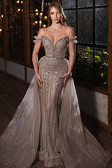 Newinlook Off-The-Shoulder V-Neck Mermaid Sequins Evening Dress With Elegant Tulle Beadings
