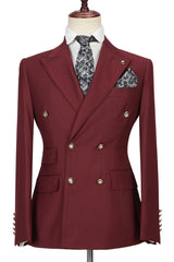 Newinlook Glamorous Burgundy Groomsmen Outfit with Peak Lapel and Double-Breasted Design