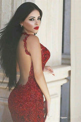 Newinlook Burgundy Mermaid Lace Appliques Evening Dress