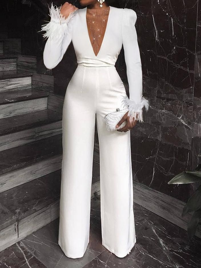 Newinlook Charming V-Neck Feather White Sequins Long Sleeves Jump Suit