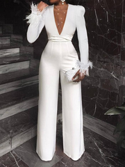 Newinlook Charming V-Neck Feather White Sequins Long Sleeves Jump Suit