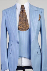 Newinlook Gorgeous Blue Striped Three-Piece Groomsmen Tuxedo with Peaked Lapel