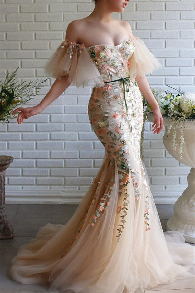 Newinlook Off-The-Shoulder Strapless Flowers Evening Dress Beadings With Appliques Mermaid