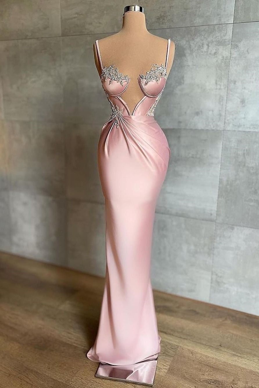 Newinlook Sexy Dusty Pink Spaghetti Straps Deep V Neck Mermaid Evening Dress With Chic Appliques