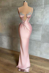 Newinlook Sexy Dusty Pink Spaghetti Straps Deep V Neck Mermaid Evening Dress With Chic Appliques