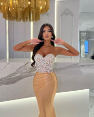 Formal Dress Satin Gold Sweetheart Sleeveless Strapless With Rhinstone Mermaid