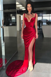 Newinlook Red Mermaid Spaghetti Strap Long Evening Dress With Split