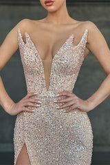 Newinlook V-Neck Sequins Sleeveless Evening Dress Mermaid With Split