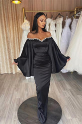 Newinlook Black Ruffle Sleeves Mermaid Long Evening Dress With Beads