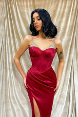 Newinlook Spaghetti-Straps Burgundy Front Split Mermaid Evening Dress With Beadings