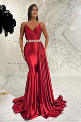 Newinlook Romantic Deep V-Neck Red Mermaid Spaghetti-Straps Evening Dress With Belt Ruffles