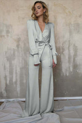 Newinlook Charming Long Sleeves White V-Neck Long Jump Suit With Belt