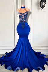 Gorgeous Royal Blue High Neck Sleeveless Mermaid Prom Dresses with Beads