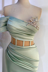 Elegant Dusty Sage Off-the-Shoulder Long Mermaid Prom Dresses with Beads