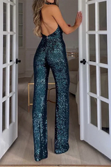 Newinlook Chic Dark Green V-Neck Sleeveless Sequins Long Jump Suit