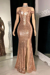 Newinlook Elegant Gorgeous Off-The-Shoulder Sequins Slit Evening Dress