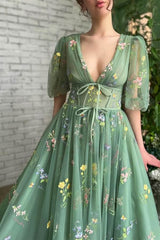 Newinlook Deep V-Neck Tulle Aqua Beautiful Half Sleeves Evening Dress With Embroidery Flowers