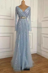 Newinlook Elegant Deep V-Neck Long Sleeves Sequins Evening Dress With Beads Tulle