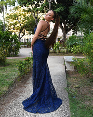 Newinlook Navy Blue Mermaid Lace Evening Dress