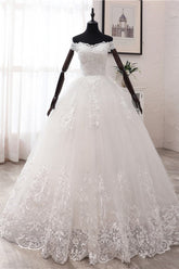 Ball Gown Off-the-Shoulder Lace Appliques Wedding Dresses White Tulle Sleeveless Bridal Gowns