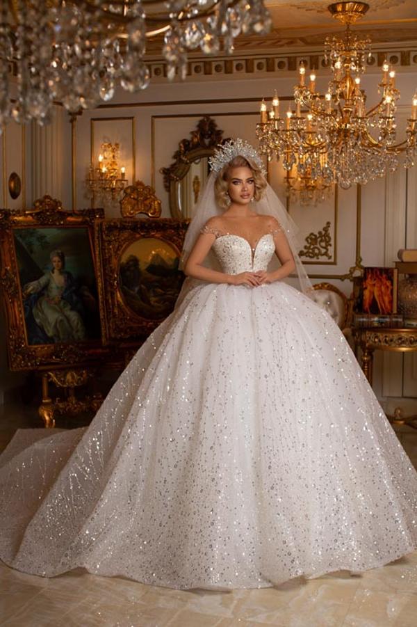 Ball Gown Wedding Dress Sheer Top With Crystal Beads Newinlook Ball Gown Wedding Dress Sheer Top With Crystal Beads Newinlook