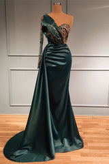 Newinlook Dark Green Mermaid Beads Long Lace Sleeves Evening Dress With Appliques