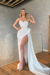 Long Sleeve White V Neck Long Mermaid Formal Dress Side Split With Sequins