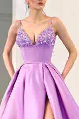 Newinlook Lavender A-Line Spaghetti-Straps Sequins Evening Dress With Split
