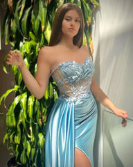Newinlook Sky Blue Mermaid Sweetheart Split Sleeveless Evening Dress Satin Ruffle with Beads