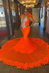 Newinlook Orange V-Neck Sleeveless Feather Evening Dress