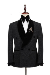 Newinlook Edward Double-Breasted Black Wedding Suit with Sparkling Shawl Lapel