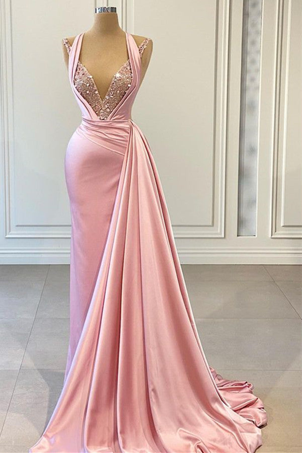 Newinlook Elegant Pink Halter Sleeveless With Sequins Evening Dress