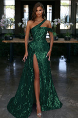 Newinlook Ocean Blue Off-the-Shoulder Slit Evening Dress With Gorgeous Sequins