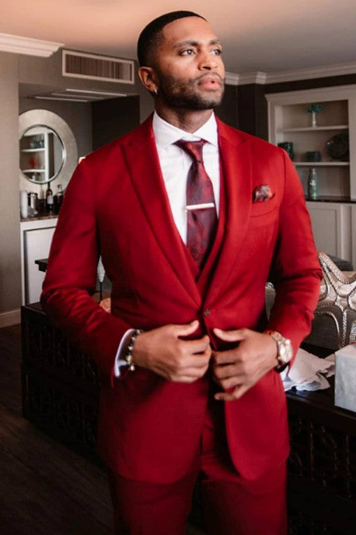 Newinlook Red Three-Piece Velvet Wedding Suit with Peaked Lapel
