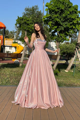 Strapless Beading A Line Long Formal Dress With Detachable Sleeves