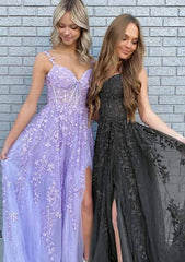 Beautiful A-Line V-Neck Spaghetti Straps Long Laced Prom Dress/Evening Dress With Split