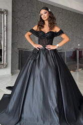 Beautiful Floor-Length Sweetheart Off-The-Shoulder A-Line Satin Black Prom Dress with Beaded Embellishments