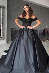 Beautiful Floor-Length Sweetheart Off-The-Shoulder A-Line Satin Black Prom Dress with Beaded Embellishments