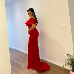 Beautiful Floor-Length V-Neck Off-The-Shoulder Mermaid Ruby Prom Dress with a Split Skirt